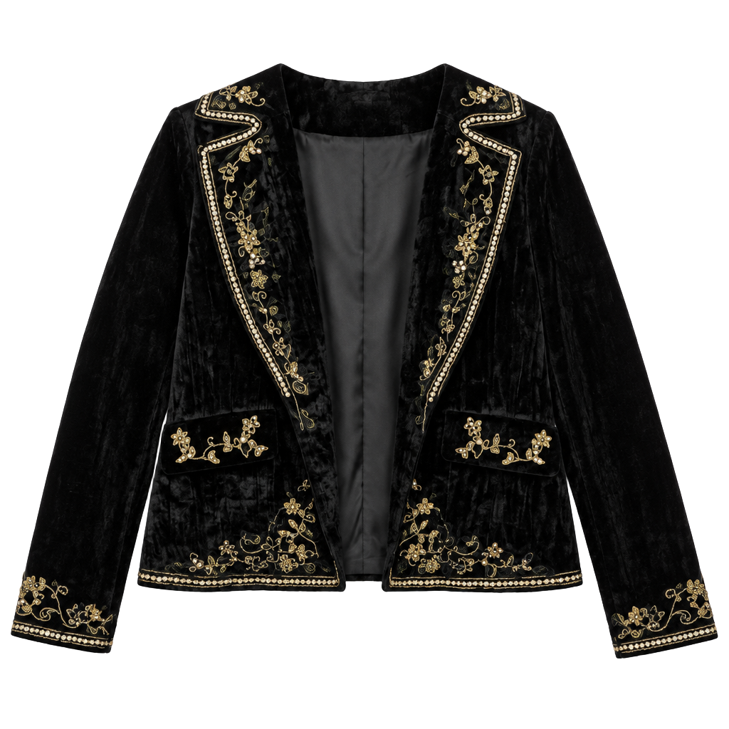 Katherine Barclay Black Velvet Gold Embellished Cropped Jacket Size 14 1