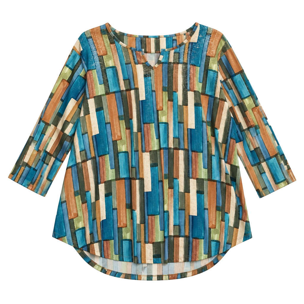 Alfred Dunner Geometric Tunic Top Size 1X Multi Shimmer Asymmetric Hem 1