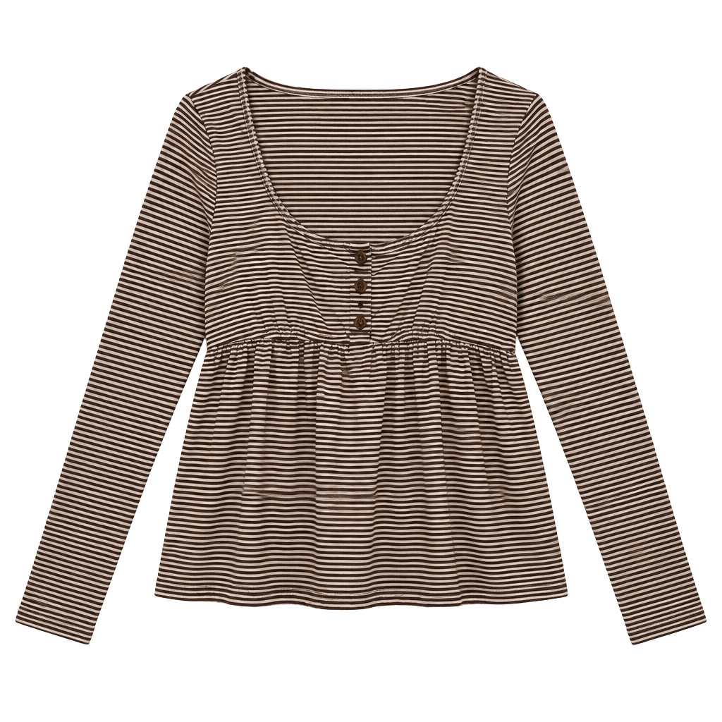 Madden Girl Striped Henley Babydoll Top Size L Long Sleeve Brown 1
