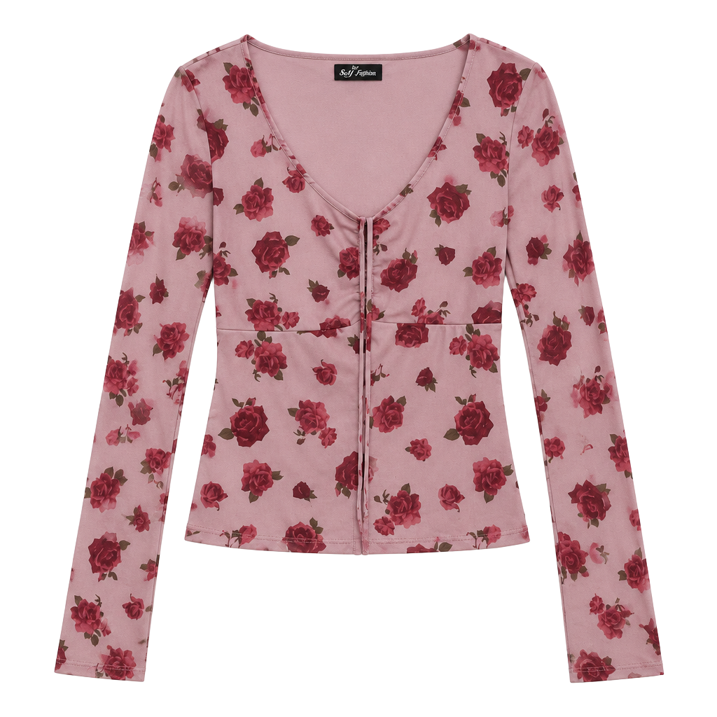 Self Esteem Mesh Top Size S Pink Floral Print Long Sleeve Tie Front 1