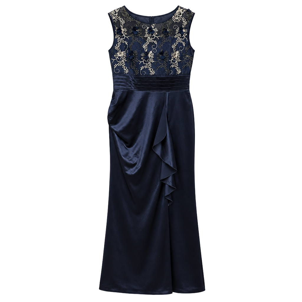 Vfshow Navy Blue Satin Embroidered Lace Overlay Evening Gown XL NWT Formal 1