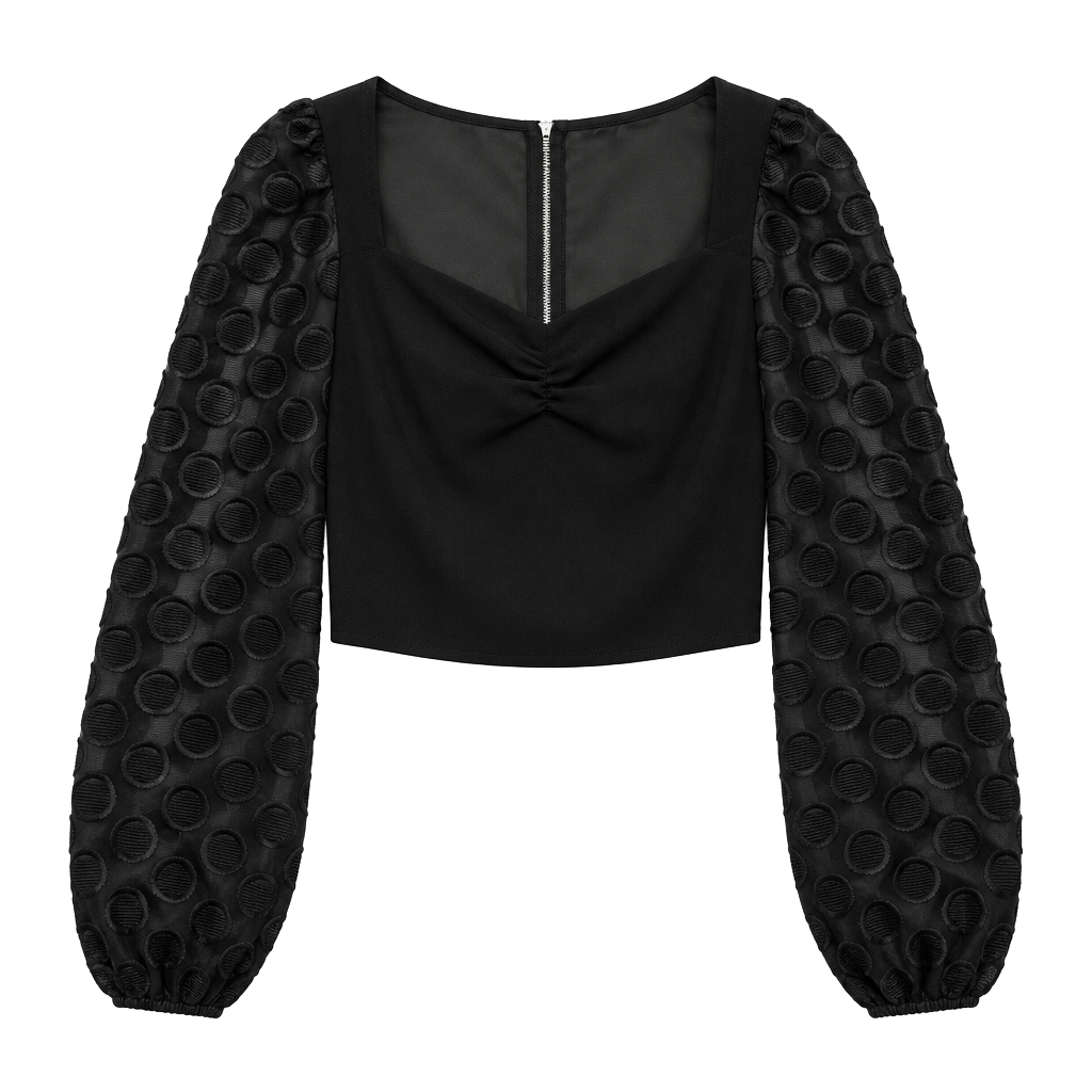 Jealous Tomato Black Sheer Textured Polka Dot Balloon Sleeve Crop Top Blouse M 1