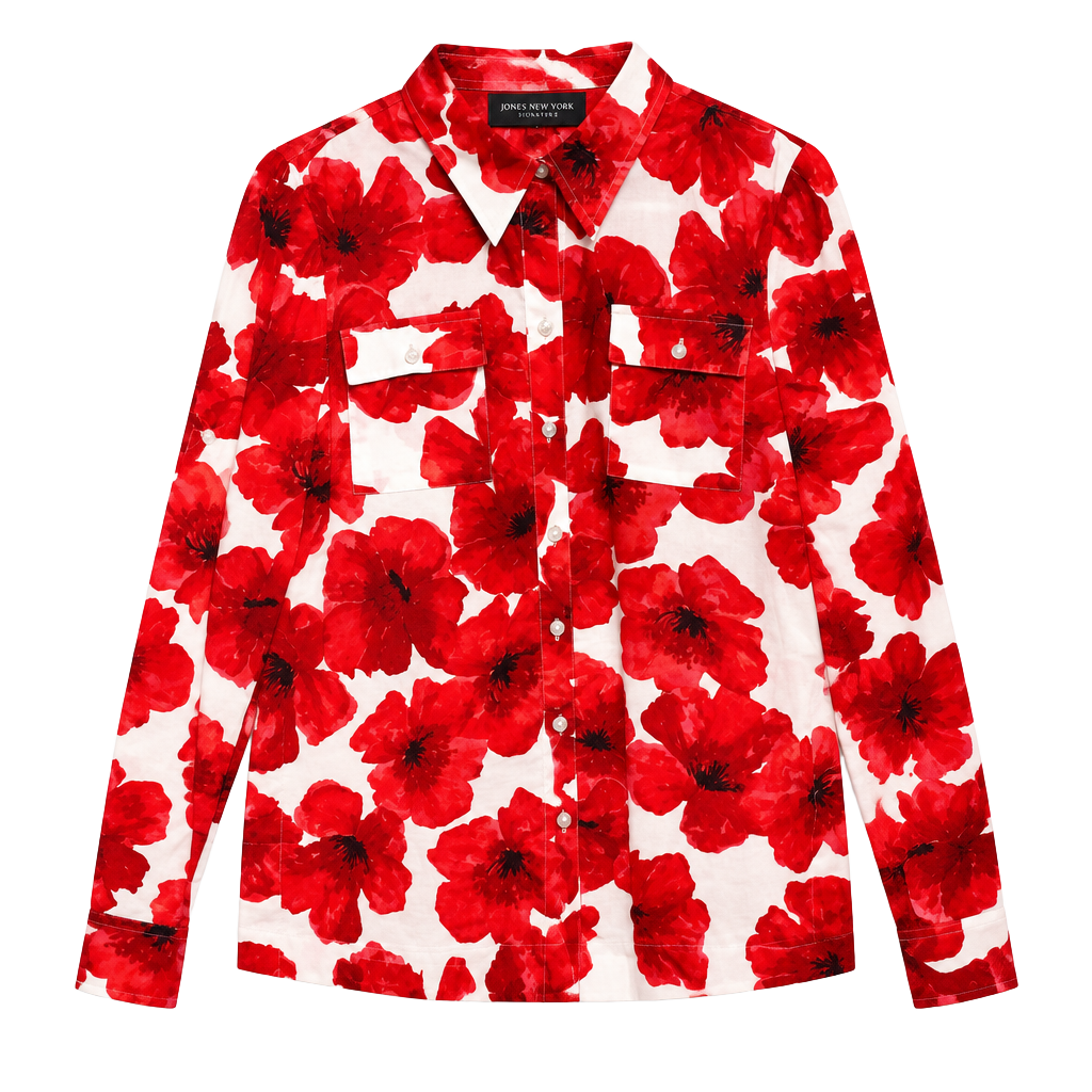 Jones New York Signature Blouse Size M Red White Floral Print Button Down 1