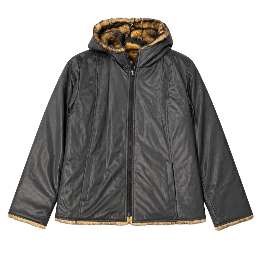 Braetan Women's Reversible Black PVC Faux Fur Lined Hooded Jacket 1