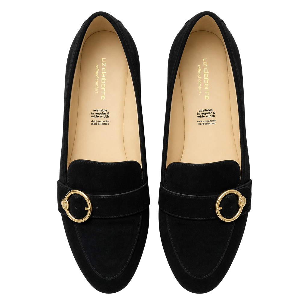 Liz Claiborne Remy Black Suede Gold Buckle Loafers 1