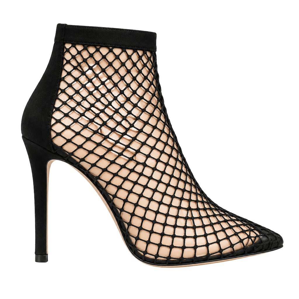 Black Fishnet High Heels Size 37 Stiletto Pointed Toe Booties 1