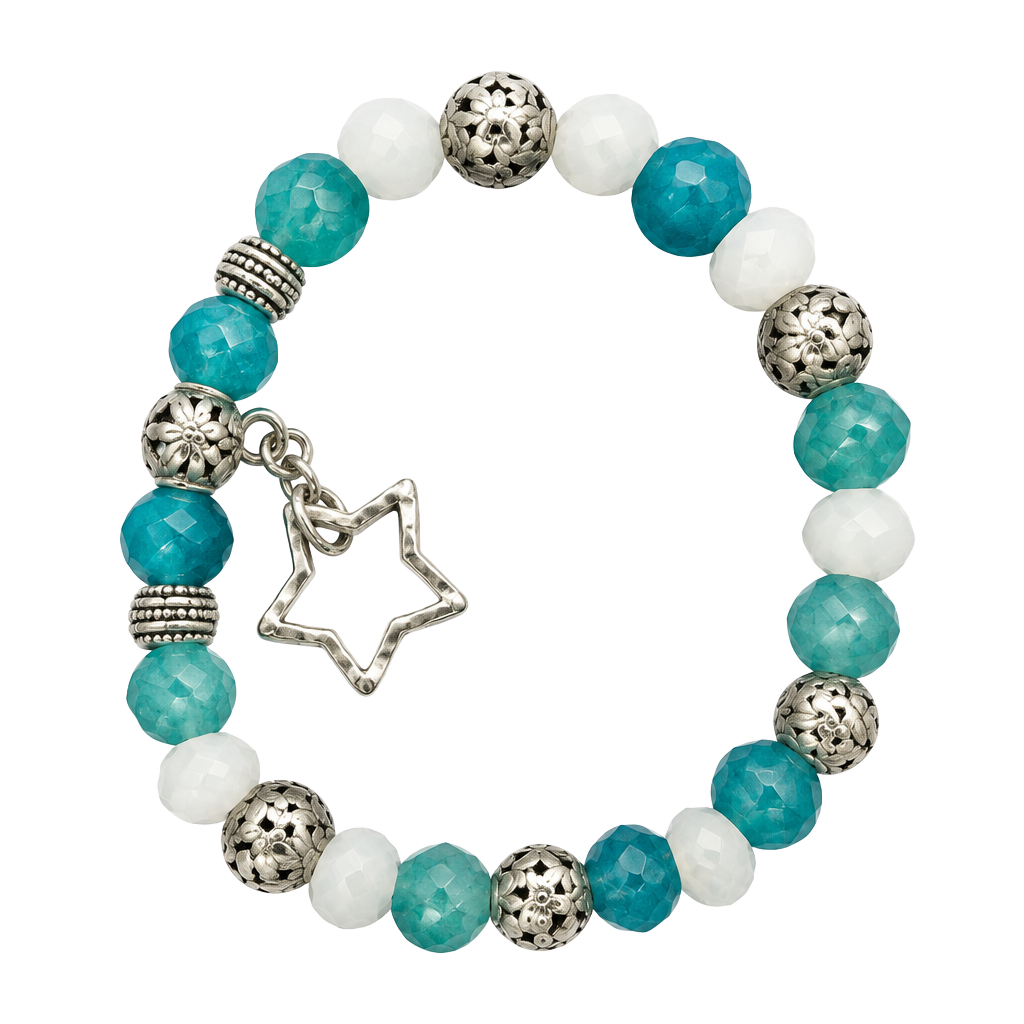 Blue Agate Bead Stretch Bracelet With Star Charm 1