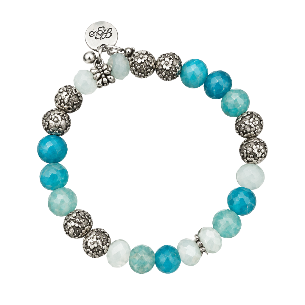 Unbranded Beaded Stretch Bracelet Blue and Silver with Heart Charm 1