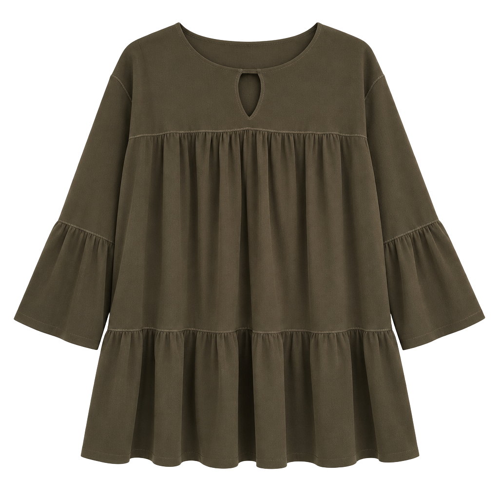 Eva Varro Slinky Knit Tiered Tunic Keyhole Top Bell Sleeve Chocolate Brown XL 1