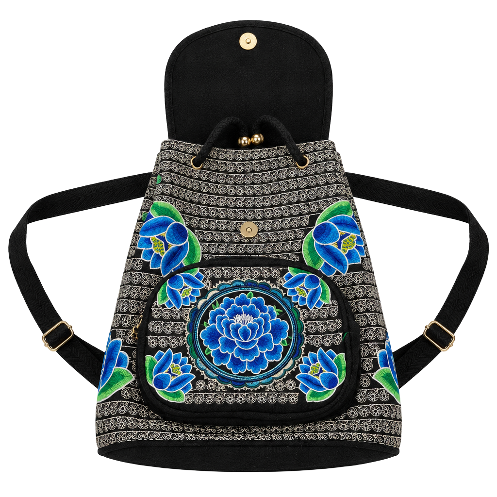Hmong Embroidered Floral Canvas Backpack Black Blue 1