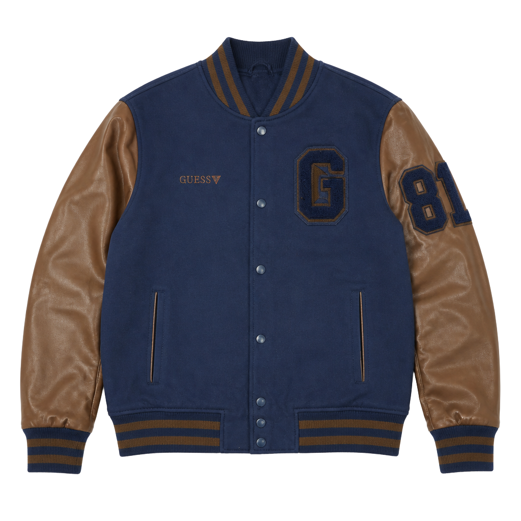 Guess Los Angeles Navy Blue and Brown Faux Leather Varsity Jacket 1