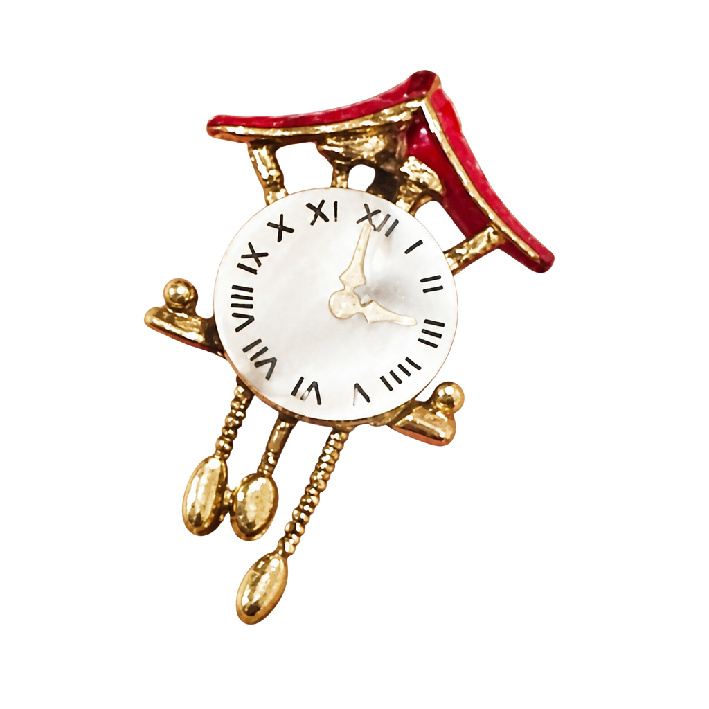 Vintage Cuckoo Clock Brooch 1” Inch Roman Numerals Over Mother Of Pearl Unsigned 1