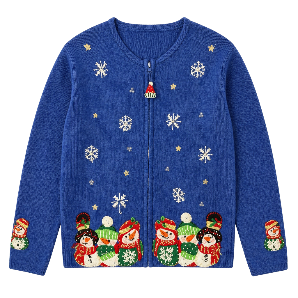 vintage heirloom collectibles Snowman Christmas Cardigan Sweater Blue Zip Sz L 1