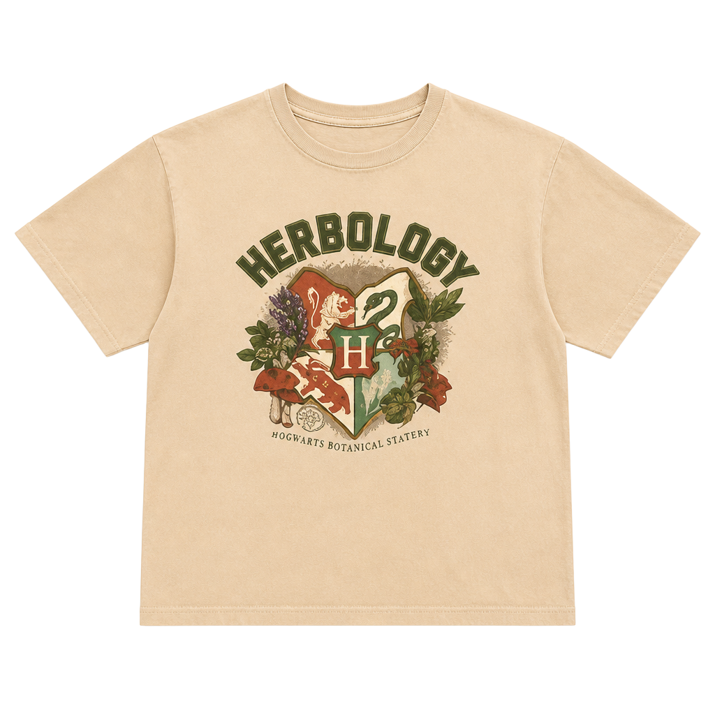 Harry Potter Hogwarts Herbology Beige Cotton Graphic Men's XL Crew Neck T-Shirt 1