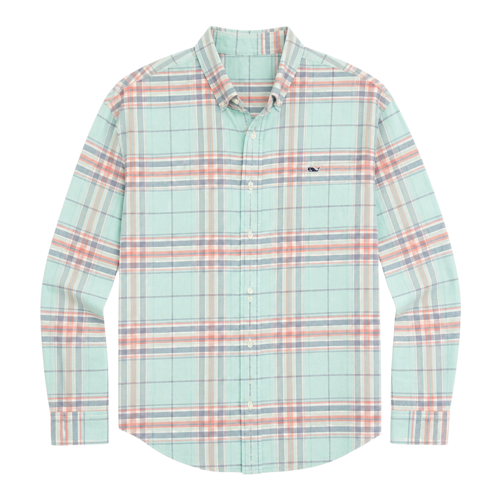 Vineyard Vines Mens Large L Tucker Plaid Button Down Shirt Blue Pink Whale 1