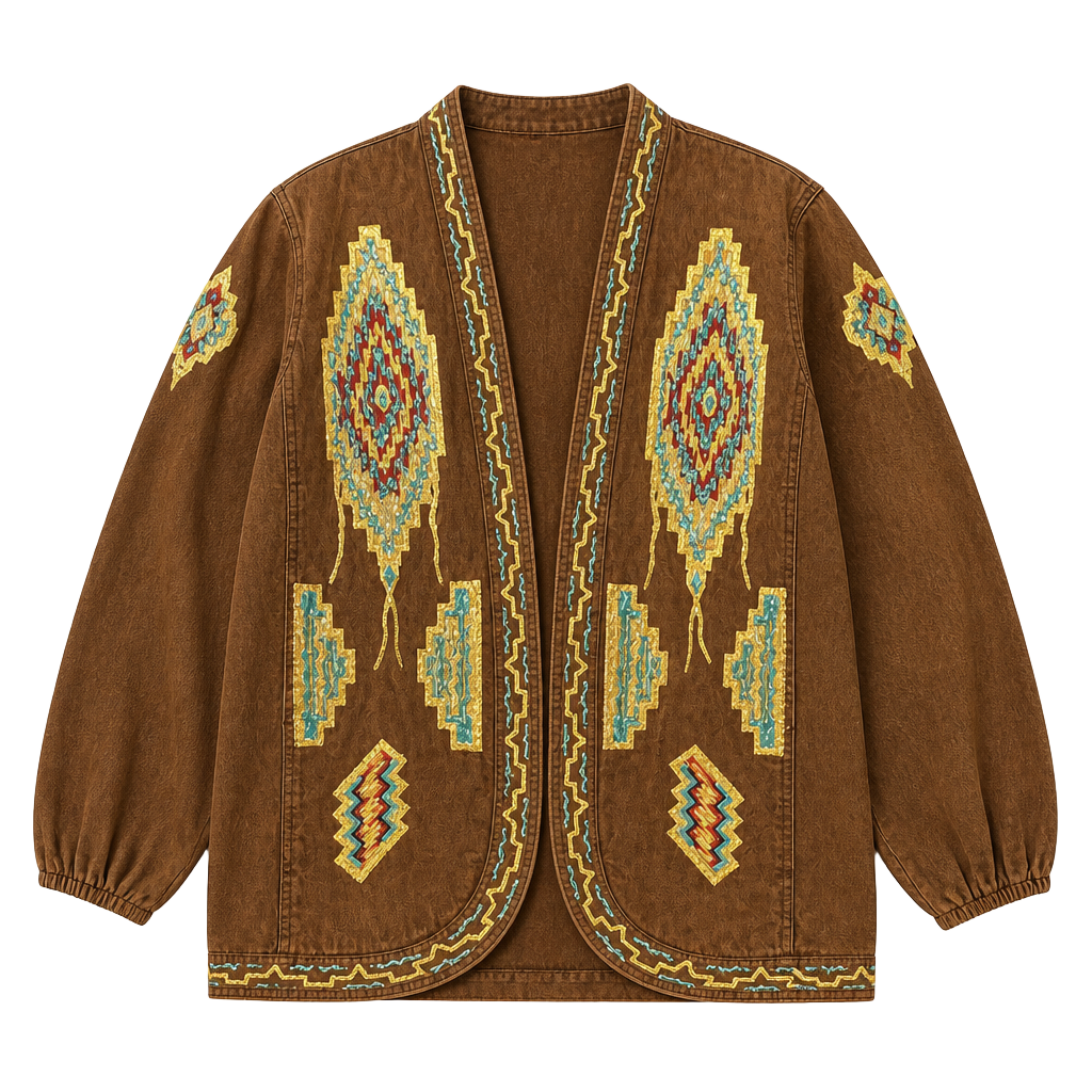 VTG 80s Sundance Style Denim Jacket Brown Southwestern Aztec Puff Paint Open 1