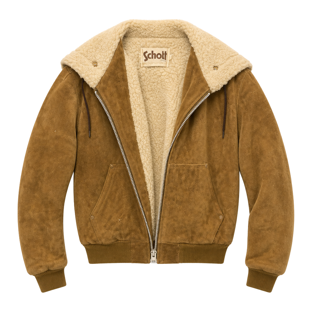 VTG 70s Schott NYC Suede Bomber Jacket Mens Split Hood Sherpa Fleece Lined USA 1