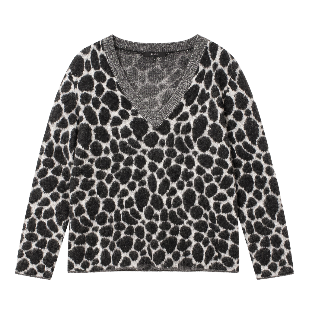 Gucci Black & Grey Leopard Print Mohair Wool V-Neck Sweater Size S 1