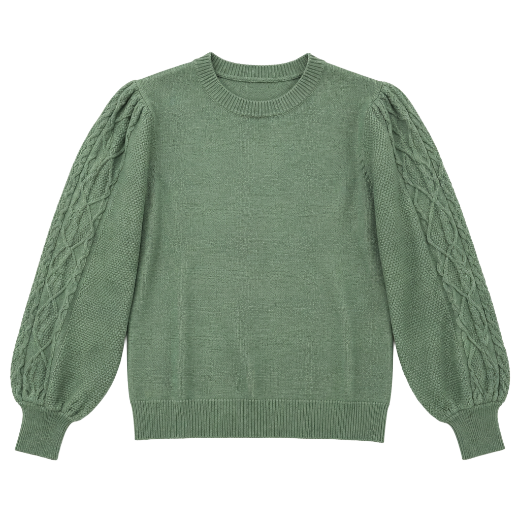 &merci Women Green Cable Knit Lantern Sleeve Crew Neck Pullover Sweater Plus Size 2XL 1