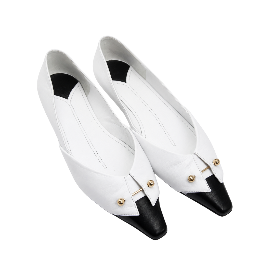 Chanel White & Black Leather Tuxedo Collar Gold Barbell Flats 1