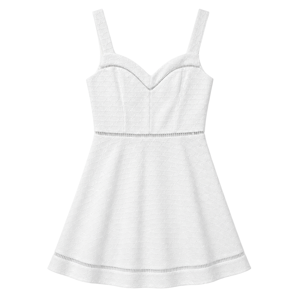 B. Darlin White Textured Fit & Flare Mini Dress with Crochet Ladder Trim Detail, Sz 3/4 1