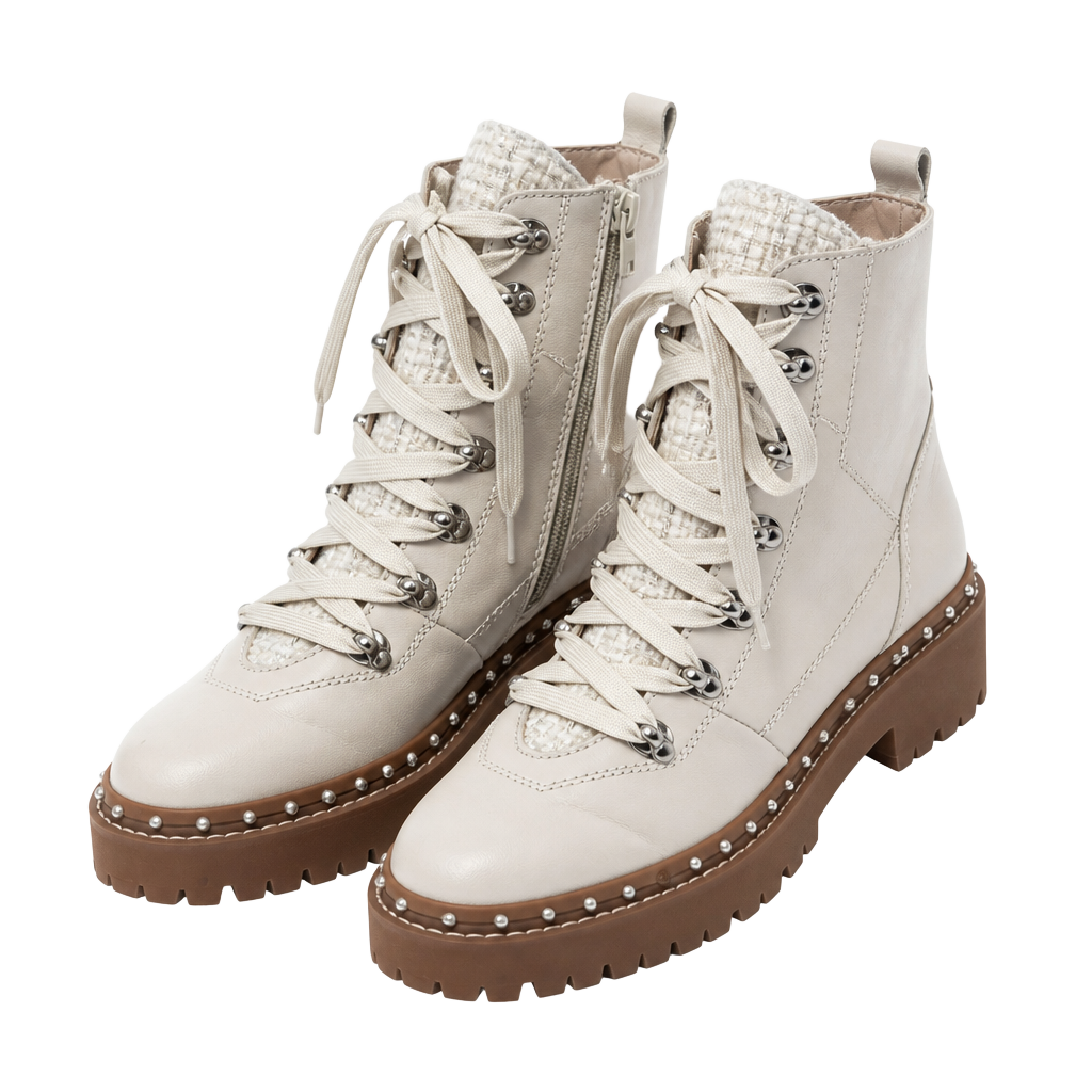 Steve Madden Rainier Leather Bone White Combat Boots with Pearl Stud Trim, Sz 8 1