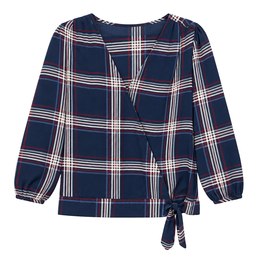 LOFT Plaid Faux Wrap Surplice Blouse Top 3/4 Sleeve, Sz L 1