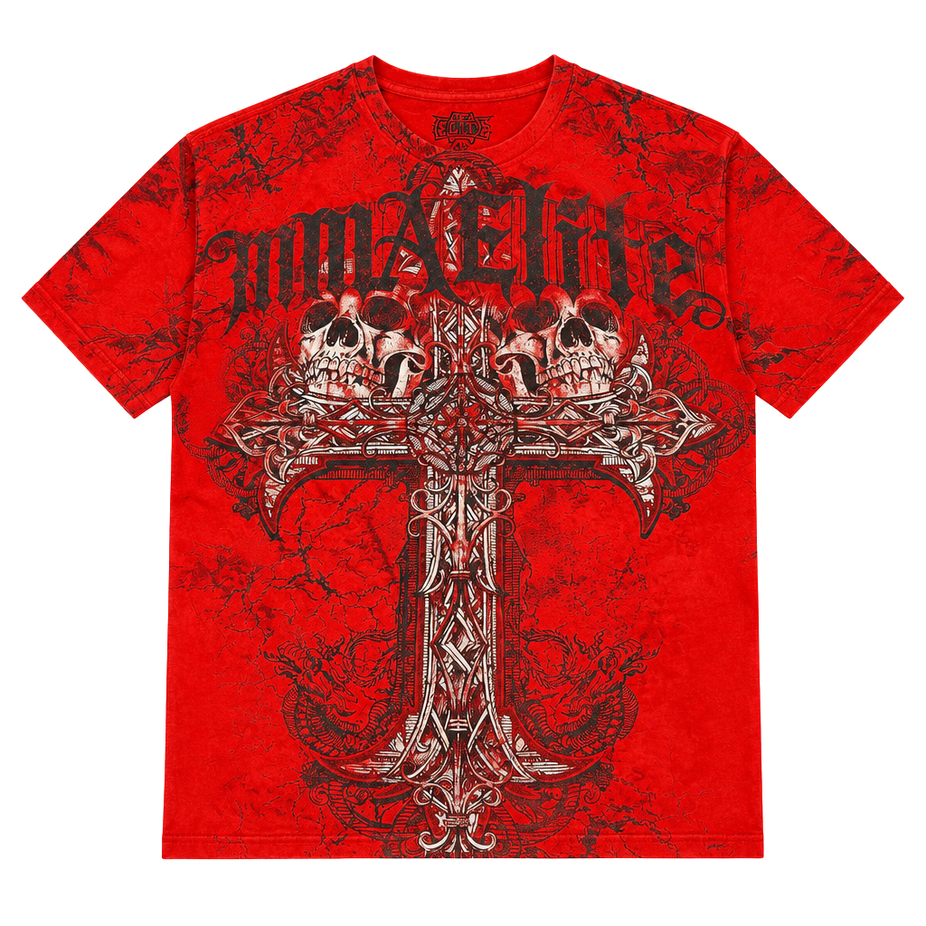 MMA Elite Graphic Print T-Shirt Red Skull Cross 1