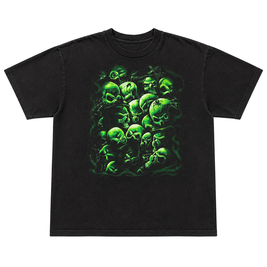 Vintage Y2K Green Skull Pile Spider Web Graphic T-Shirt XL 1