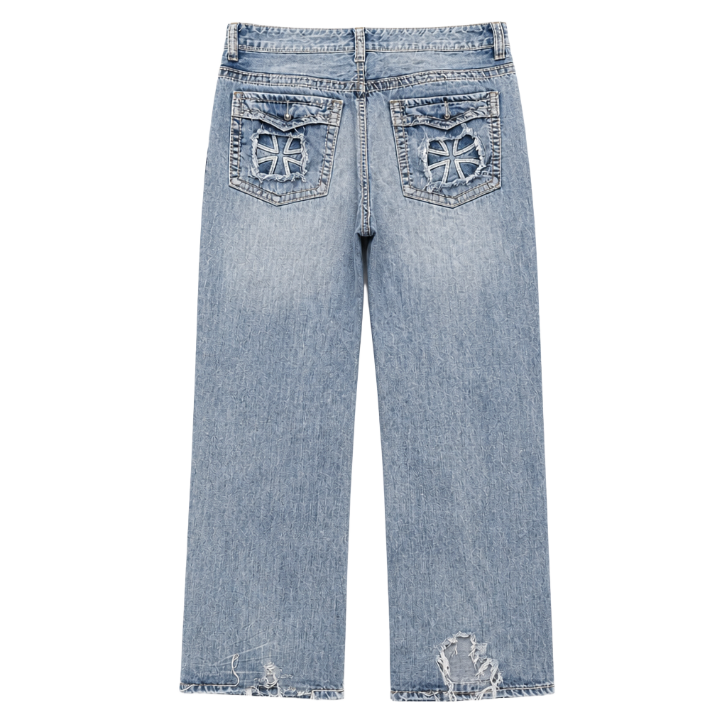 Helix Relaxed Bootcut Jeans Distressed Iron Cross Pocket Light Wash 32x32 1