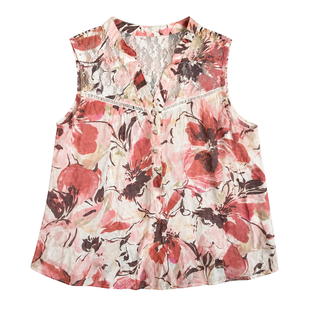 Kate Park Women's Floral Print Sleeveless Button-Down Tank Top with Lace Details Medium 1