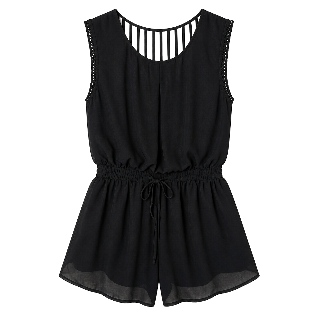 HYFVE Black Chiffon Romper With Striped Open Back 1