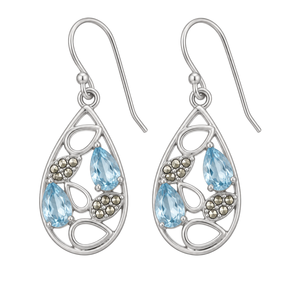 Tori Hill Sterling Silver Marcasite & Blue Glass Teardrop Earrings 1