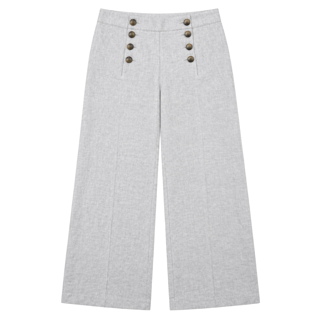 H&M Linen Blend Sailor Pants Size 12 Beige Wide Leg Button Front 1