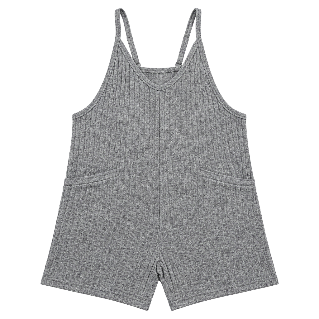 Ekouaer Ribbed Knit Romper Size M Gray Short Overalls Pockets 1