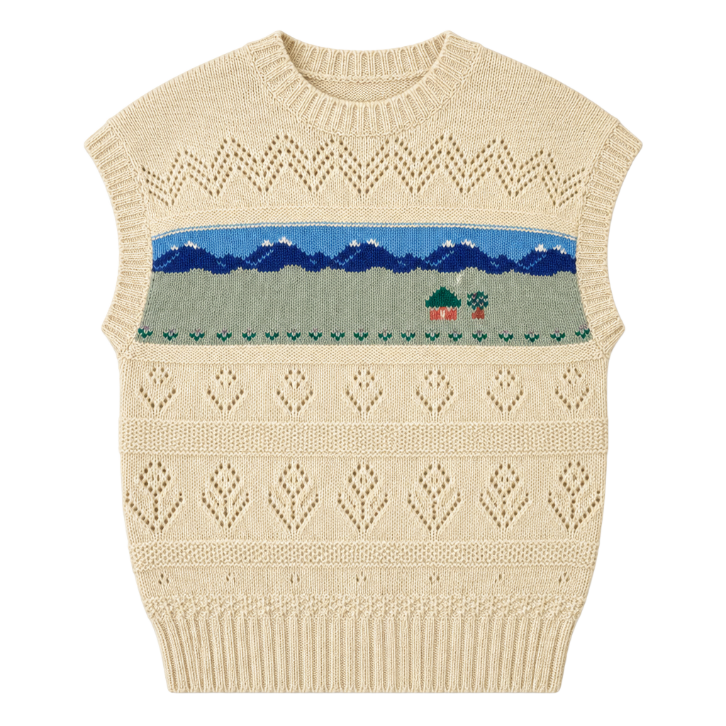 Wool Landscape Scene Sweater Vest Size M Beige Knit Stone Canyon 1