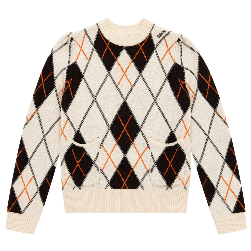 GANNI Argyle Wool Cropped Sweater with Pockets Brown Off White Orange SZ SM 1