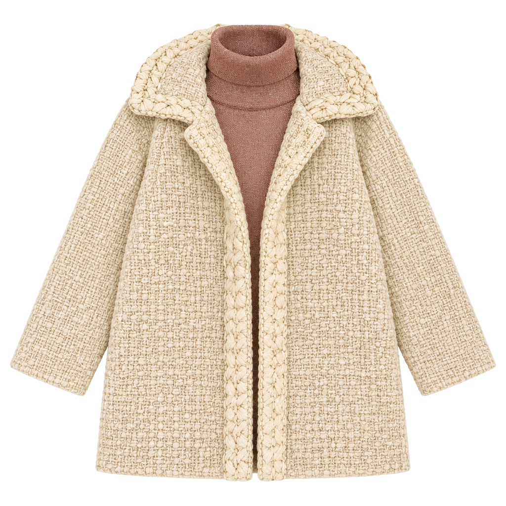 Vintage 1950s Cream Textured Wool Coat With Braided Trim 1