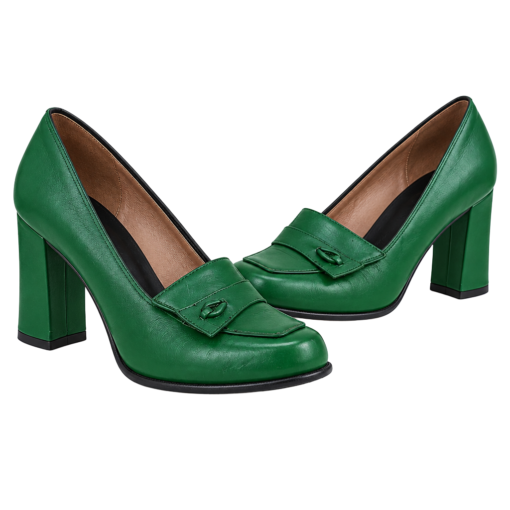 Vintage Green Leather Pumps Chunky Heel Loafers Retro 1960s Women’s Shoes US Size 7 Carmellettes 1