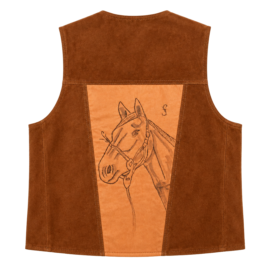 Vintage 1970s Handcrafted Western Suede Leather Horse Vest Brown Cowboy 1