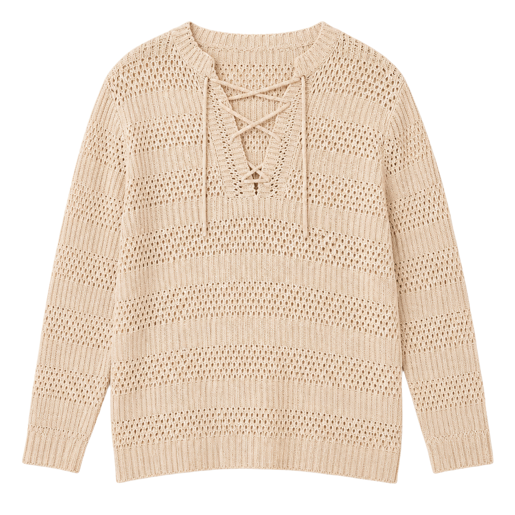 Vintage 1970s Cream Pullover Lace Up Woven Top Cottage Core Sweater Coastal Boho Festival SM 1