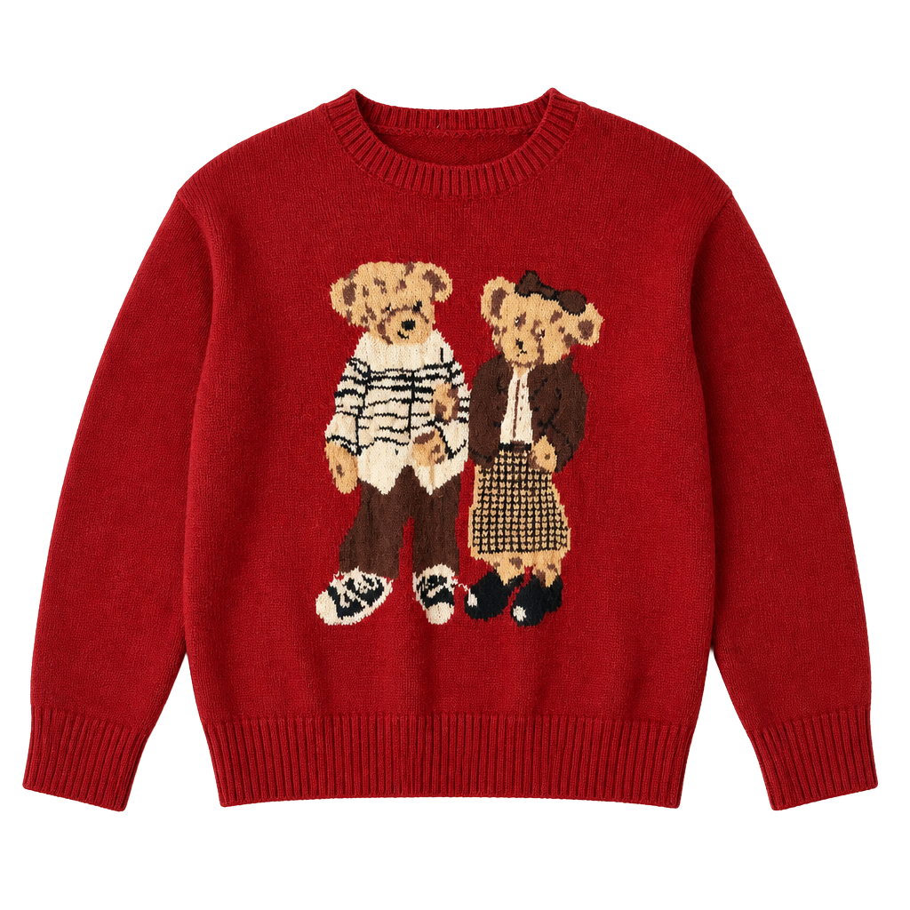 Teddy Bear Couple Red Novelty Knit Sweater Retro Cute Graphic Casual Unisex Style M/L 1