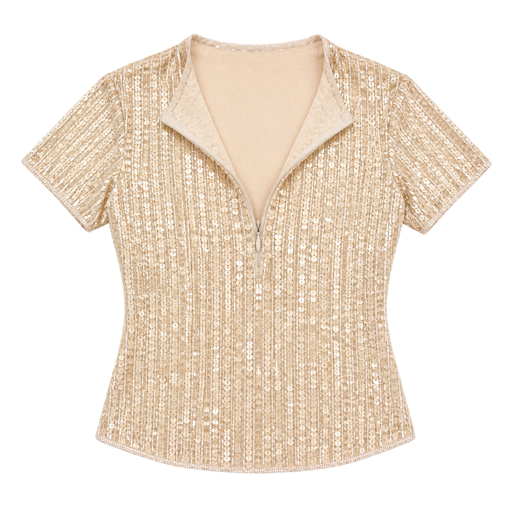 Vintage 1990s Mondi Sequin Beaded Short Sleeve Cropped Top Size SM Gold Zip Neck 1