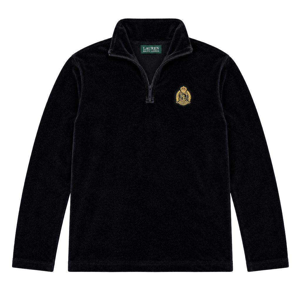 Lauren Ralph Lauren Velour 1/4 Zip Pullover Size S Black Crest Logo 1