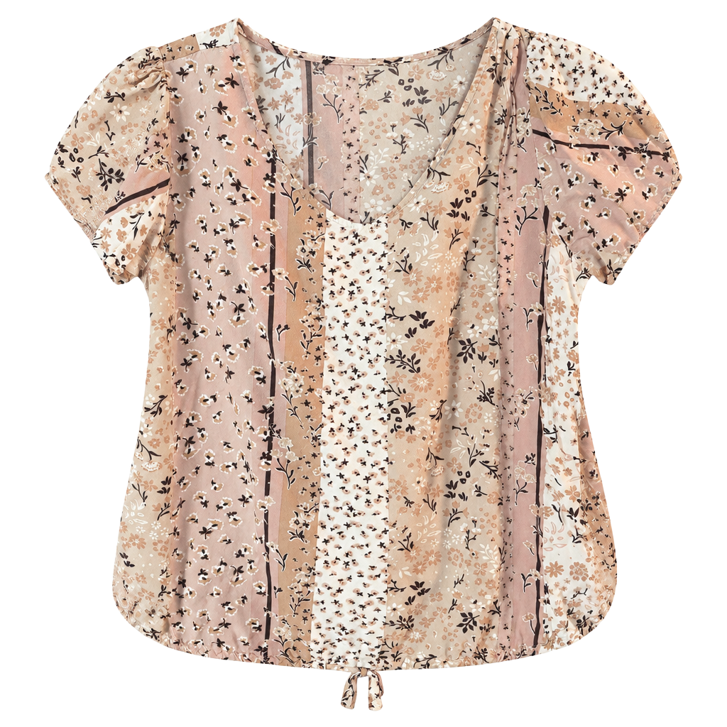 Floral Patchwork V-Neck Short Sleeve Blouse large 1