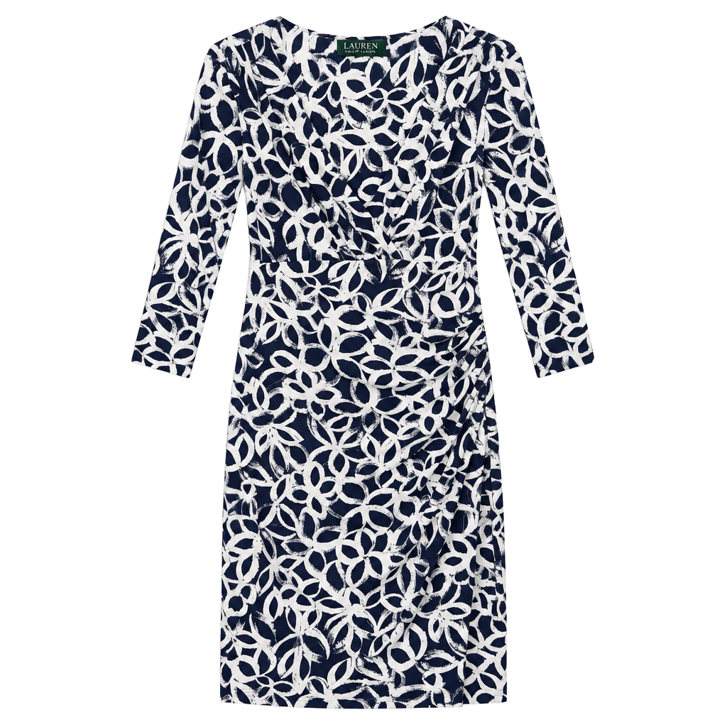 Lauren Ralph Lauren Dress Size 10 Blue White Abstract Faux Wrap 1