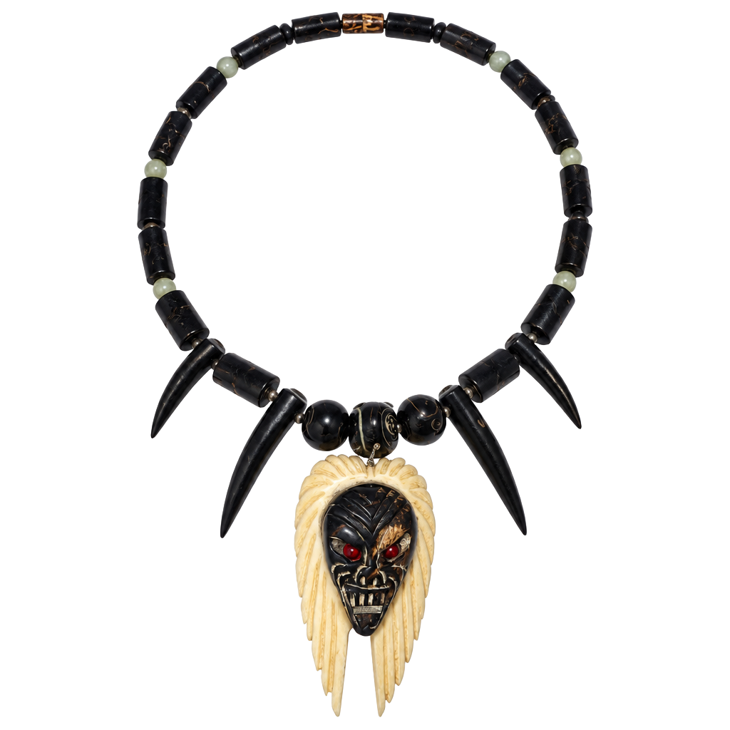 Vintage Tribal Tiki Mask Bone Tooth Bead Black Necklace 1
