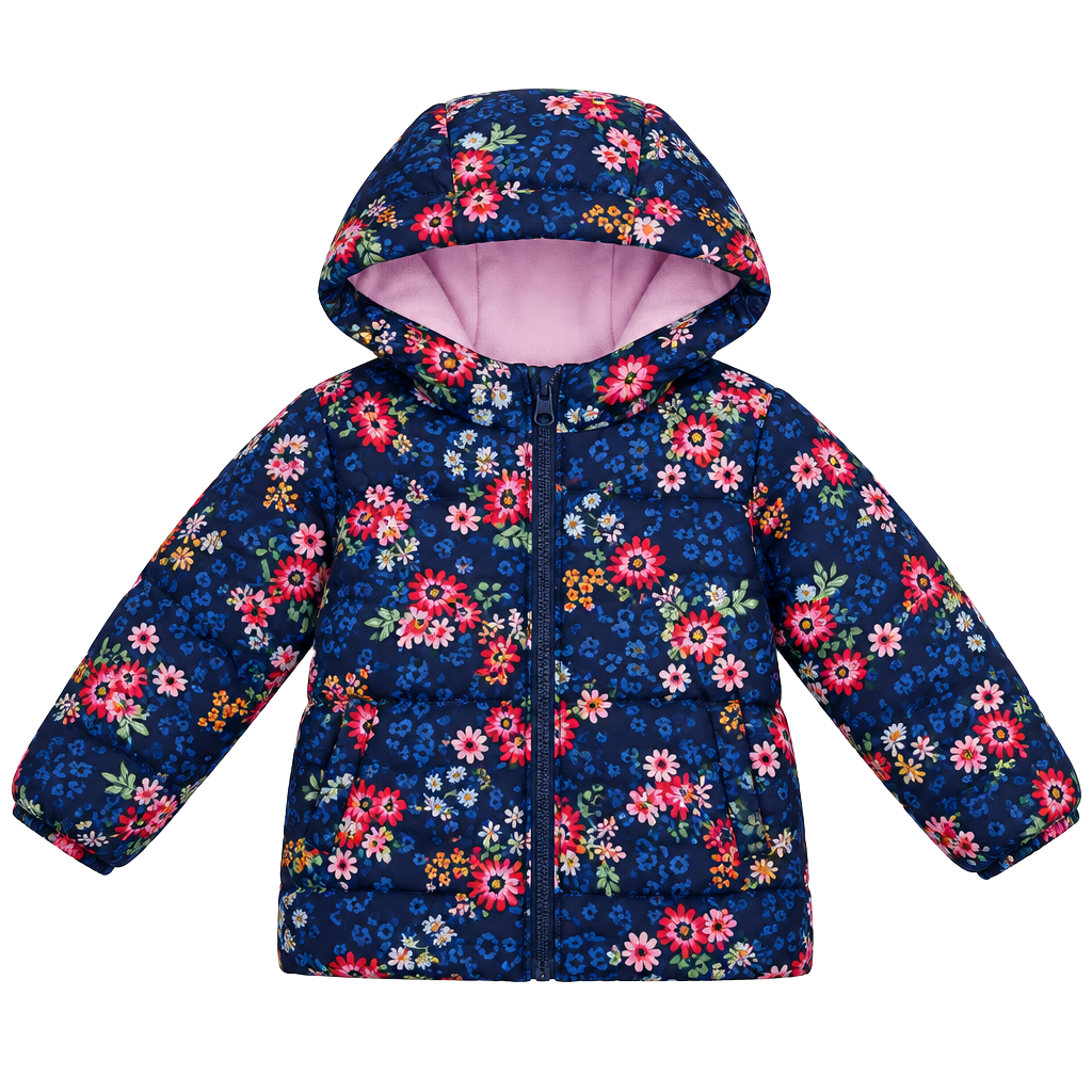 Little Me Puffer Jacket Size 2T Navy Floral Hooded Fleece Lined 1