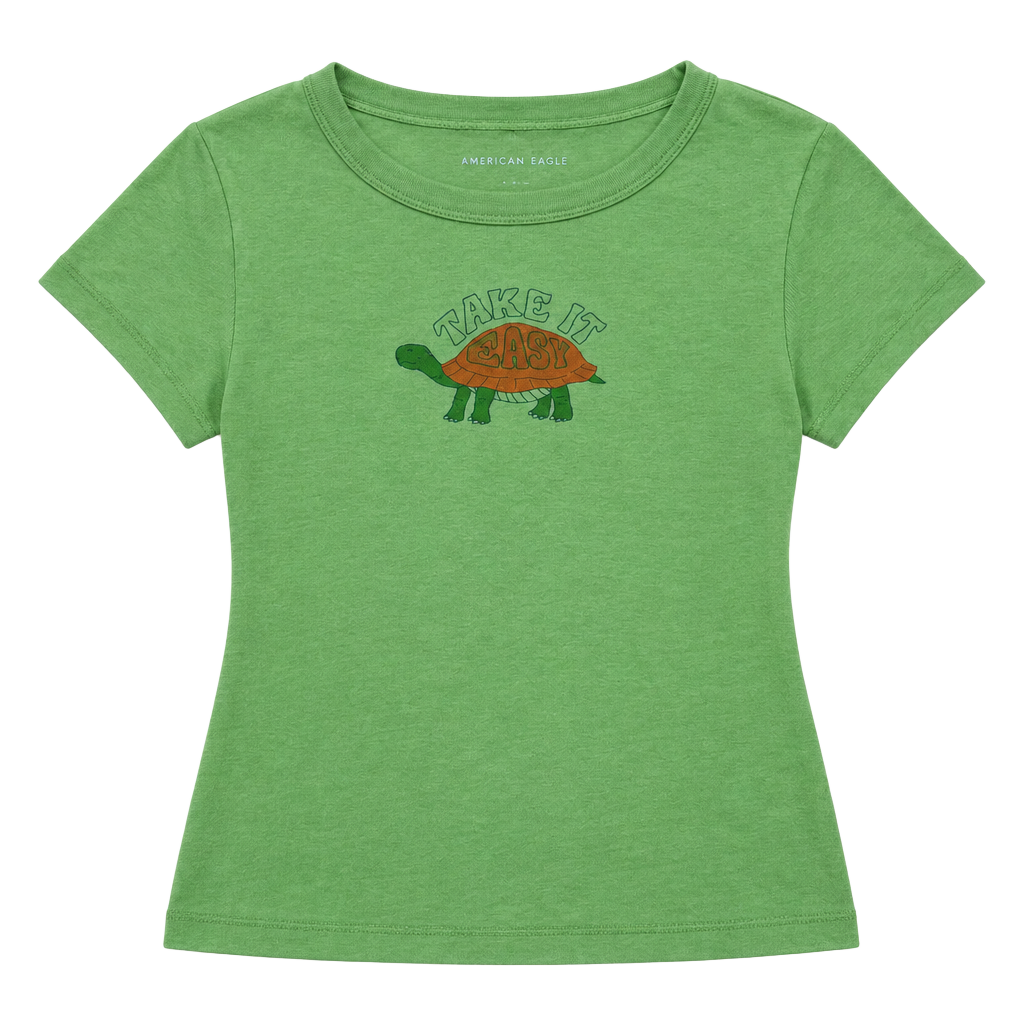 American Eagle Green Ribbed Turtle Baby Tee Size M Y2K Crop Top 1