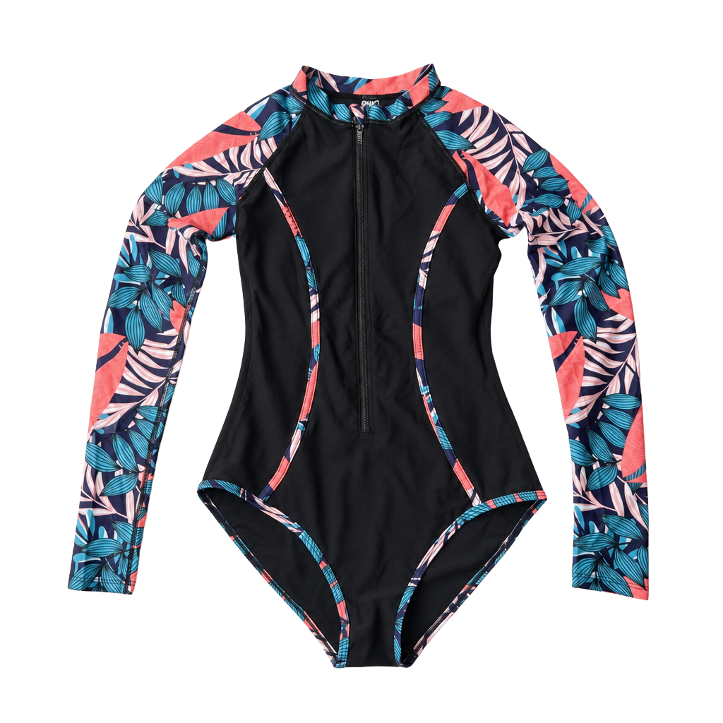 Tropical Print Long Sleeve Zipper Front One-Piece Rash Guard Swimsuit 1